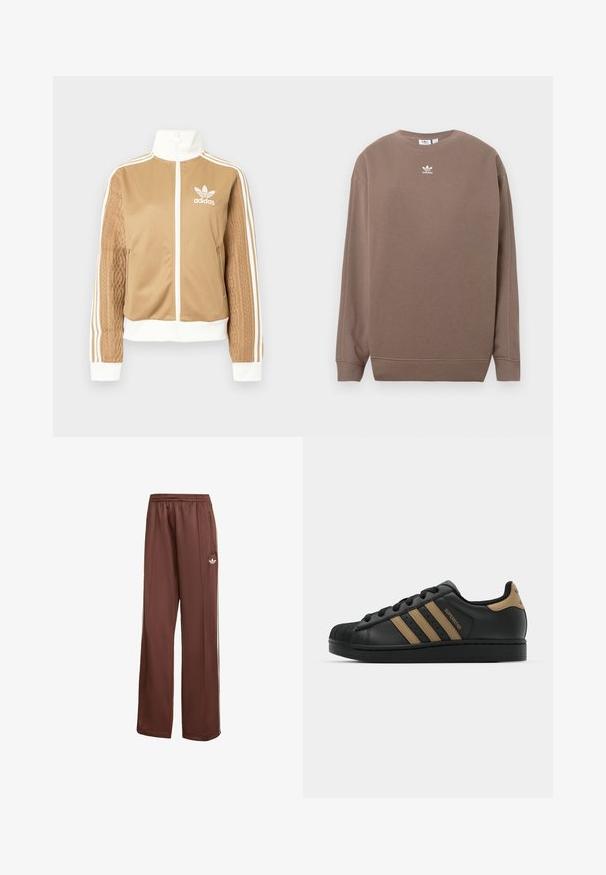 Barna, cipzáras dzseki fehér díszítésekkel és három fehér csíkkal a hajtókákon. Az egyik hajtókán texturált szövet mintázat található. Az Adidas logo a mellkason.; Barna pulóver puha szövetből, kerek nyakkivágással, hosszú ujjú, mellrészen fehér Adidas logóval. Egyszerű dizájn, minták nélkül.; Barna, kényelmes fit kesztyű sportnadrág. Simított anyagból készült, oldalsó zsebekkel, fehér csíkokkal és egy kis fehér logóval a combján.; Fekete bőr sportcipő három barna csíkkal, texturált gumibejárattal, fűzős elemmel, és lapos fekete talppal. Finom logó található a sarokrészen.