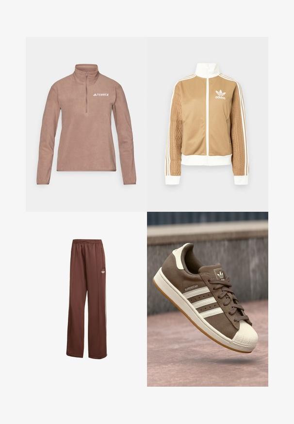 Giacca a zip tan con accenti bianchi e tre strisce bianche sulle maniche. Presenta un design tessuto testo su una manica. Logo Adidas sul petto.; Pile marrone con collo a mezzo zip, maniche lunghe e piccolo logo bianco "TERREX" sul petto a sinistra. Texture morbida, design minimale.; Pantaloni atletici marroni con una vestibilità rilassata. Realizzati in tessuto morbido, presentano tasche laterali, righe bianche e un piccolo logo bianco sulla coscia.; Sneaker in suede marrone con strisce bianche, accenti crema e punta in gomma. Presenta un design con lacci e una suola in gomma testurizzata.