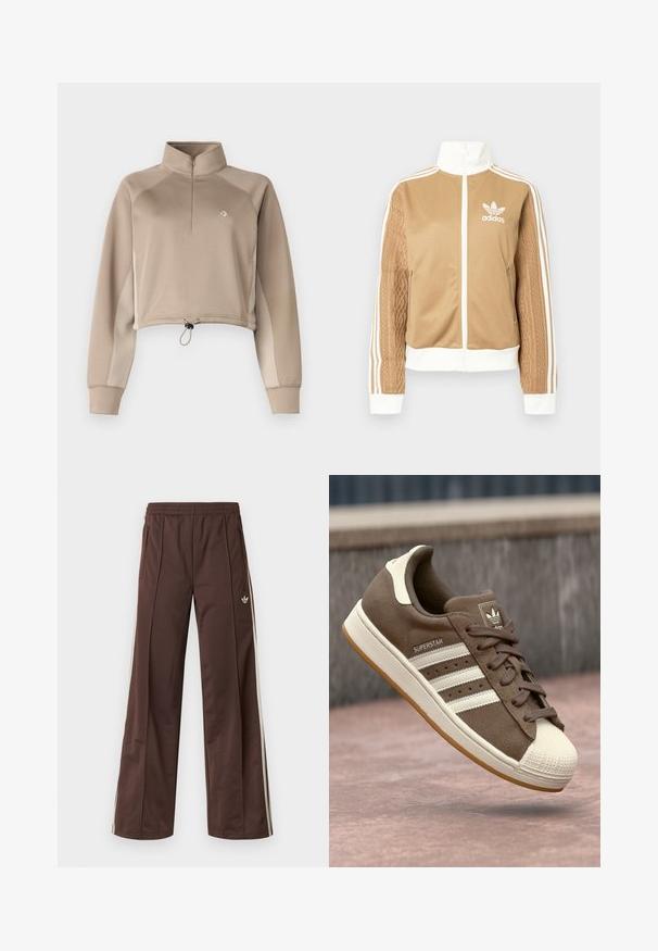 Giacca a zip tan con accenti bianchi e tre strisce bianche sulle maniche. Presenta un design tessuto testo su una manica. Logo Adidas sul petto.; Pullover beige cropped con colletto alto, chiusura a zip quartofilo e orlo con cordino. Presenta maniche lunghe con pannelli laterali a contrasto.; Pantaloni sportivi marroni con design a gamba larga, strisce laterali bianche, coulisse elastica in vita e due tasche laterali. Presentano un piccolo logo sulla gamba.; Sneaker in suede marrone con strisce bianche, accenti crema e punta in gomma. Presenta un design con lacci e una suola in gomma testurizzata.