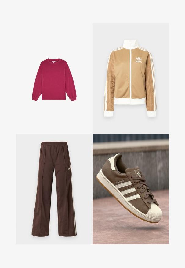 Tan-zip-Jacke mit weißen Akzenten und drei weißen Streifen an den Ärmeln. Besitzt ein strukturiertes Gewebedesign an einem Ärmel. Adidas-Logo auf der Brust.; Fuchsia Langarm-Sweatshirt mit rundem Halsausschnitt und gerippten Bündchen, aus weichem Baumwollstoff gefertigt. Mit kleinem Logo auf der Brust.; Braune Sporthose mit weitem Bein, weißen Seitenstreifen, elastischem Bund und zwei Seitentaschen. Mit kleinem Logo am Bein.; Braune Wildleder-Sneaker mit weißen Streifen, crèmefarbenen Akzenten und einer Gummischale an der Zehe. Verfügt über ein Schnürdesign und eine strukturierte Gummisohle.