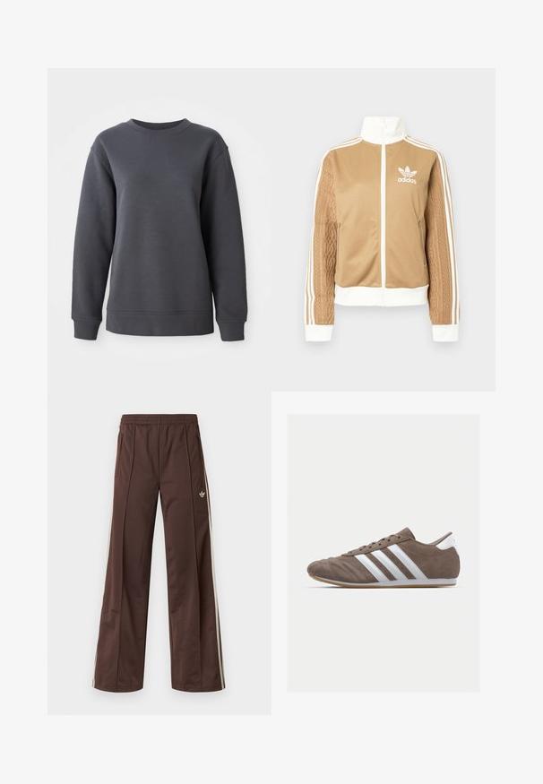 Barna, cipzáras dzseki fehér díszítésekkel és három fehér csíkkal a hajtókákon. Az egyik hajtókán texturált szövet mintázat található. Az Adidas logo a mellkason.; Textúrált anyagból készült szürke pulóver, kerek nyakkivágással, hosszú ujjal, bordázott mandzsettaszegéllyel és aljjal, lazább fazonnal.; Barna sportnadrág széles szárú kialakítással, fehér oldalsávokkal, rugalmas derékpánttal és két oldalzsebbel. Kis logó található a lábon.; Barna velúr sportcipő fehér csíkokkal, kerek orral, fűzős kialakítással és gumitalppal. Textúrázott felsőrész varrási részletekkel.