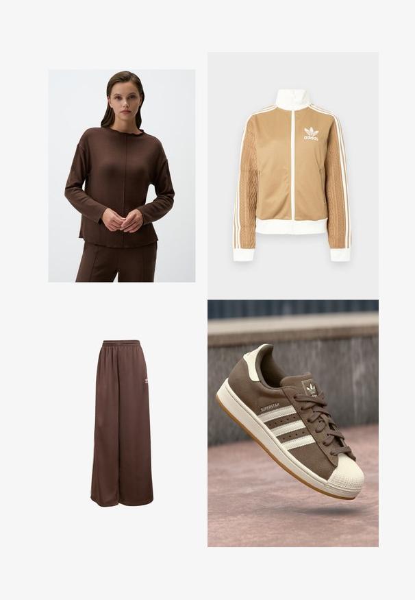 Brązowa kurtka zapinana na zamek błyskawiczny z białymi akcentami i trzema białymi paskami na rękawach. Posiada teksturowany wpleciony wzór na jednym z rękawów. Logo Adidas na klatce piersiowej.; Brązowa bluzka z długimi rękawami z lekko falbaniastym dekoltem, miękka w dotyku, z przeszyciami. Widoczne zestawienie z pasującymi spodniami.; adidas Originals - Spodnie treningowe; Brązowe zamszowe sneakersy z białymi paskami, kremowymi akcentami i gumowym noskiem. Posiadają sznurowany dół i teksturowaną gumową podeszwę.