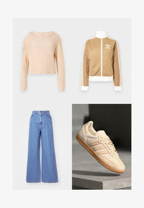 Giacca a zip tan con accenti bianchi e tre strisce bianche sulle maniche. Presenta un design tessuto testo su una manica. Logo Adidas sul petto.; Maglione cropped beige chiaro con un motivo a maglia a rete, maniche lunghe, scollatura rotonda e orlo a coste. Tessuto morbido e testurizzato.; adidas Originals Jeans a sigaretta - light denim; Sneaker in suede beige chiaro con suola in gomma, tre strisce diagonali e punta con texture. Presenta il logo sulla linguetta e sul lato.