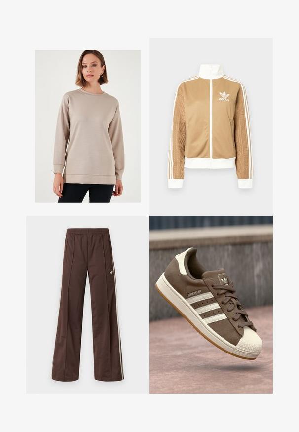 Zipper športna bunda v rjavi barvi z belimi dodatki in tremi belimi črtami na rokavih. Ima strukturiran tkaninski vzorec na enem rokavu. Adidasov logotip na prsih.; Svetlo bež pulover s okroglo ovratnico, dolgimi rokavi in sproščenim krojem. Ima gladko teksturo ter rebraste robove na koncu rokavov in spodnjem robu.; Rjave športne hlače s širokimi hlačnicami, belimi stranskimi črtami, elastičnim pasom in dvema stranskima žepoma. Na hlačnici je majhen logotip.; Svetlo rjave semiš teniske z belimi črtami, kremnimi dodatki in gumijastim zaščitnim toe-delom. Imajo vezanje in teksturiran gumijast podplat.