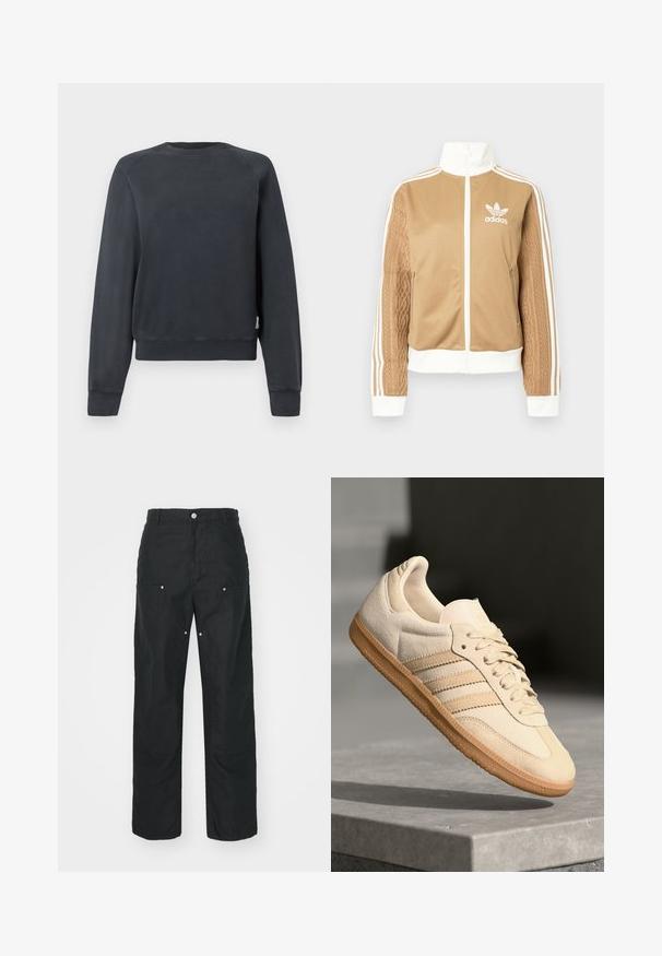 Barna, cipzáras dzseki fehér díszítésekkel és három fehér csíkkal a hajtókákon. Az egyik hajtókán texturált szövet mintázat található. Az Adidas logo a mellkason.; Sötétszürke pulóver, kerek nyakkivágással, raglán ujjakkal, bordás mandzsettákkal és aljúval. Simább felület, látható minták vagy díszítések nélkül.; Fekete nadrág, egyenes lábbal, textúrált anyagból készült. Dekoratív ezüst hardware-rel és egyedi varrási részletekkel rendelkezik.; Világos bézs velúr sportcipő, gumitalppal, három átlós csíkkal és texturált orral. A díszítés a nyelven és az oldalon található.