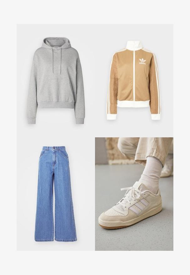 Casaco de fecho éclair em tom de bege com detalhes brancos e três riscas brancas nas mangas. Apresenta um design texturizado na trama de uma das mangas. Logotipo da Adidas no peito.; Camisola cinza em mistura de algodão, apresentando um bolso canguru, capuz com cordão, mangas longas e punhos e bainha canelados.; adidas Originals Calças de ganga de perna direita - light denim; Sapatilha branca com parte superior em camurça e couro, biqueira perfurada, três riscas em cinza claro, atacadores planos e sola em borracha de textura em cor borracha.