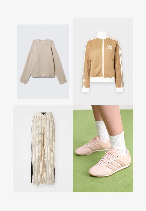 Casaco de fecho éclair em tom de bege com detalhes brancos e três riscas brancas nas mangas. Apresenta um design texturizado na trama de uma das mangas. Logotipo da Adidas no peito.; Suéter de malha bege com mangas raglan longas, punhos e bainha canelados, disposto plano sobre um fundo claro.; Calças largas de cor creme com um padrão em zigzag, apresentando uma cintura com logotipo preto e riscas laterais pretas. Tecido leve e texturizado.; Ténis atléticos rosa claro com costura diagonal, solas brancas e três riscas laterais. Usados com meias brancas com nervuras sobre uma superfície verde.