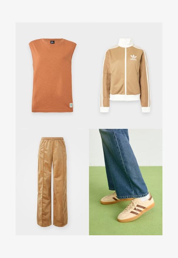 Brun zip-up jakke med hvite detaljer og tre hvite striper på ermene. Har et teksturert vevd design på den ene ermen. Adidas-logo på brystet.; Oransje ermeløs t-skjorte i et mykt, teksturert stoff. Rundet halslinning med et lite logo-patch i nederste venstre hjørne.; Beige vide bukser laget av mykt, fløyelsaktig materiale. Har elastisk midje og vertikale sømmer foran for ekstra detaljer.; Beige joggesko med teksturerte kremfargede paneler og brune striper, parret med blå denimjeans. Jeansene har vid ben og frynsete kant.