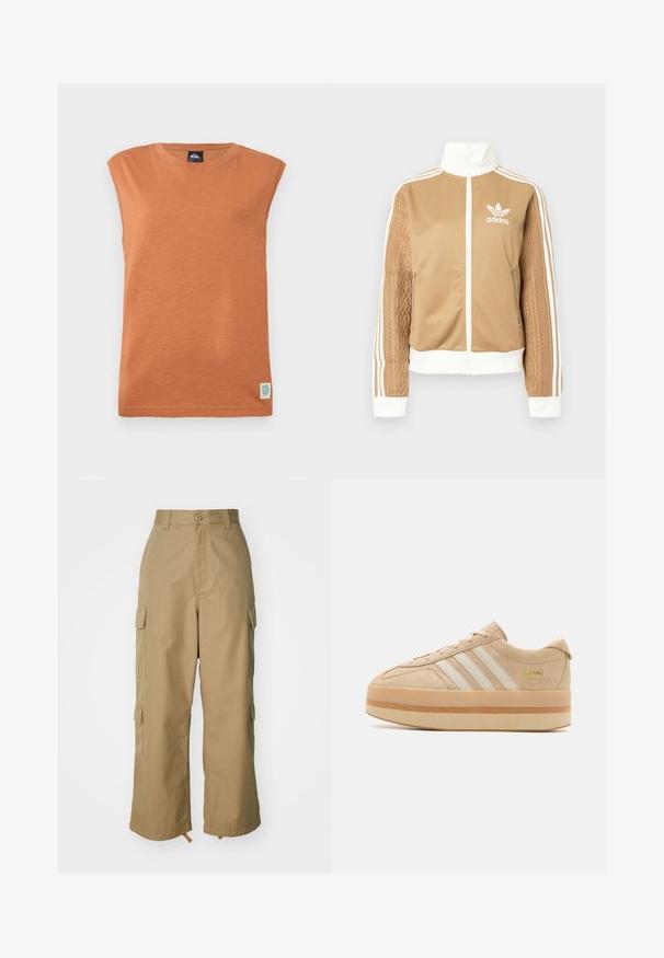 Brun zip-up jakke med hvite detaljer og tre hvite striper på ermene. Har et teksturert vevd design på den ene ermen. Adidas-logo på brystet.; Oransje ermeløs t-skjorte i et mykt, teksturert stoff. Rundet halslinning med et lite logo-patch i nederste venstre hjørne.; Beige cargo bukser med høj talje, brede ben og fire store sidelommer. Fremstillet af slidstærkt stof med en glat tekstur og minimal detalje.; Beige suede plattform sneakers med hvite tre striper, rund tå og beige gummisåle med en gulllogo aksent på siden.