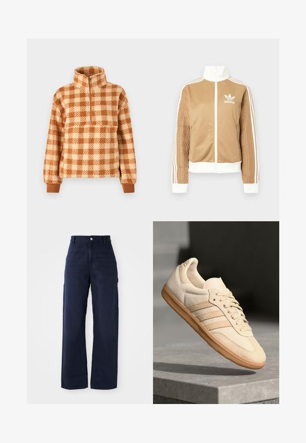Tan zip-up jacket with white accents and three white stripes on sleeves. Features textured woven design on one sleeve. Adidas logo on chest.; Brown and cream checkered pullover made of fluffy material, featuring a half-zip collar and ribbed cuffs for a snug fit.; Navy blue wide-leg cargo pants with a sturdy cotton fabric, featuring side pockets and a button closure at the waist.; Light beige suede sneaker with gum outsole, three diagonal stripes, and a textured toe cap. Features logo on the tongue and side.
