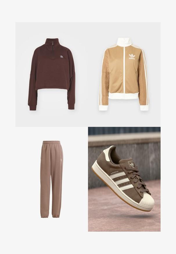 Κίτρινη ζακέτα με φερμουάρ και λευκές λεπτομέρειες, με τρεις λευκές ρίγες στα μανίκια. Διαθέτει υφαντή υφή σε ένα μανίκι. Λογότυπο Adidas στο στήθος.; Καφέ κοντό φούτερ με ψηλό γιακά, με μισό φερμουάρ και μακριά μανίκια. Διαθέτει ένα μικρό κεντημένο λογότυπο σε μωβ στο στήθος.; Καφέ φόρμες από μαλακό ύφασμα, με ελαστική μέση, πλαϊνές τσέπες και ελαστικές μανσέτες, με λευκό λογότυπο.; Καφέ σουέτ αθλητικά παπούτσια με λευκές ρίγες, κρεμ λεπτομέρειες και λαστιχένια μύτη. Διαθέτει σχέδιο με κορδόνια και υφή από καουτσούκ.