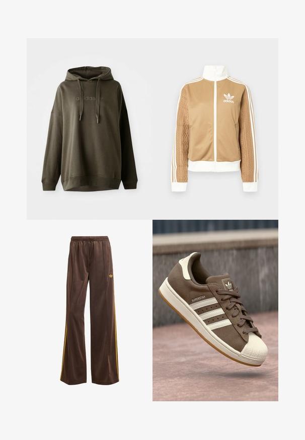 Giacca a zip tan con accenti bianchi e tre strisce bianche sulle maniche. Presenta un design tessuto testo su una manica. Logo Adidas sul petto.; Felpa color verde oliva scuro realizzata in morbido cotone misto, dotata di tasca a marsupio frontale, cappuccio con cordino e logo impresso sul petto.; Pantaloni sportivi marroni con una vestibilità ampia, caratterizzati da strisce laterali gialle e una vita elastica. Realizzati in materiale liscio e leggero.; Sneaker in suede marrone con strisce bianche, accenti crema e punta in gomma. Presenta un design con lacci e una suola in gomma testurizzata.