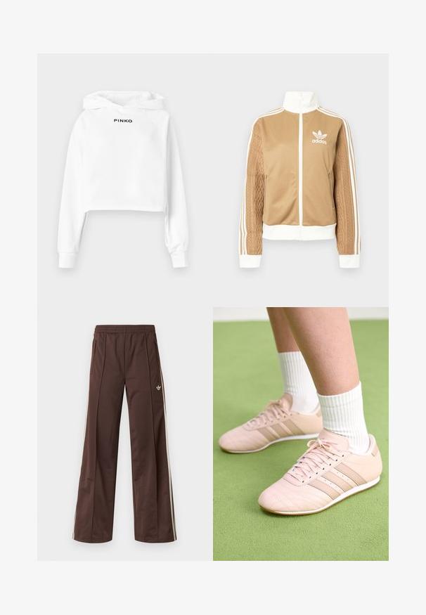 Brun zip-up jakke med hvite detaljer og tre hvite striper på ermene. Har et teksturert vevd design på den ene ermen. Adidas-logo på brystet.; Hvit cropped hettegenser med snor i hetten, med svart "PINKO"-logo på forsiden. Laget av glatt stoff med en avslappet passform.; Brune treningsbukser med vid ben-design, hvite sidestriper, elastisk midje og to sidelommer. Har en liten logo på benet.; Lys rosa treningssko med skrå sømmer, hvite såler og tre laterale striper. Brukt med rillede hvite sokker på grønn overflate.