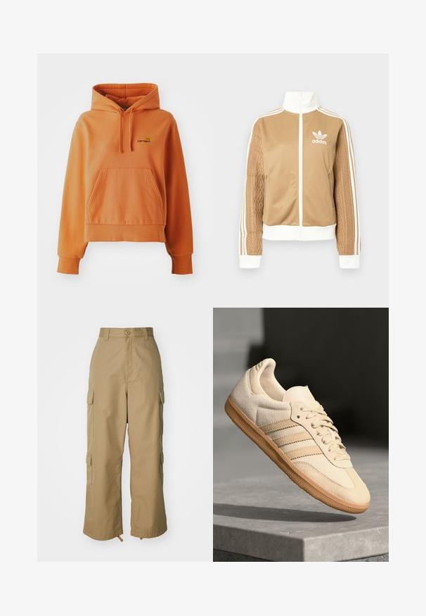 Veste zippée tan avec des accents blancs et trois rayures blanches sur les manches. Présente un design tissé texturé sur une manche. Logo Adidas sur la poitrine.; Hoodie en coton orange avec une poche frontale, des poignets et un ourlet côtelés, une capuche avec cordon de serrage réglable, et un logo brodé sur la poitrine.; Pantalons cargo beiges à taille haute, jambes larges et quatre grandes poches latérales. Fabriqués en tissu durable avec une texture lisse et peu de détails.; Sneaker en suède beige clair avec semelle en gomme, trois rayures diagonales et un capuchon de pied texturé. Logo sur la languette et sur le côté.