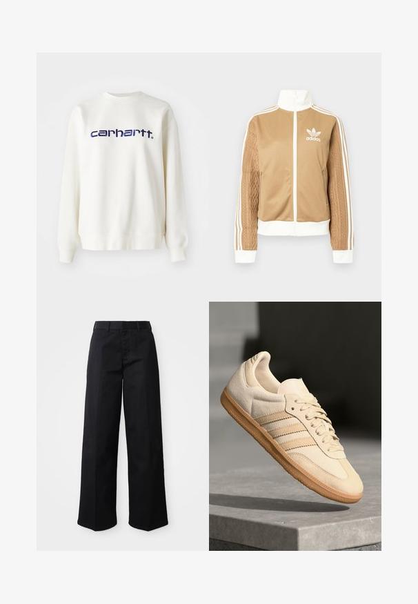 Tan zip-up jacket with white accents and three white stripes on sleeves. Features textured woven design on one sleeve. Adidas logo on chest.; White cotton sweatshirt with long sleeves and ribbed cuffs, featuring "carhartt" logo in navy blue across the chest.; Black wide-leg pants made of soft cotton fabric. Features a classic waistband, side pockets, and a straight cut to the hem.; Light beige suede sneaker with gum outsole, three diagonal stripes, and a textured toe cap. Features logo on the tongue and side.