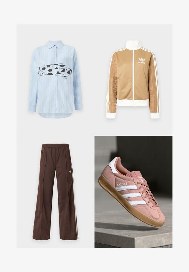 Casaco de fecho éclair em tom de bege com detalhes brancos e três riscas brancas nas mangas. Apresenta um design texturizado na trama de uma das mangas. Logotipo da Adidas no peito.; Camisa de manga longa às riscas azul clara, com uma ilustração em preto e branco de um coelho deitado na parte da frente. Colarinho abotoado e detalhe de bolso.; Calças desportivas castanhas com design de perna larga, riscas laterais brancas, cintura elástica e dois bolsos laterais. Apresentam um pequeno logótipo na perna.; Sapatilhas em camurça rosa com riscas brancas, sola de borracha, parte superior texturizada e logótipo na língua. Design clássico de cano baixo.