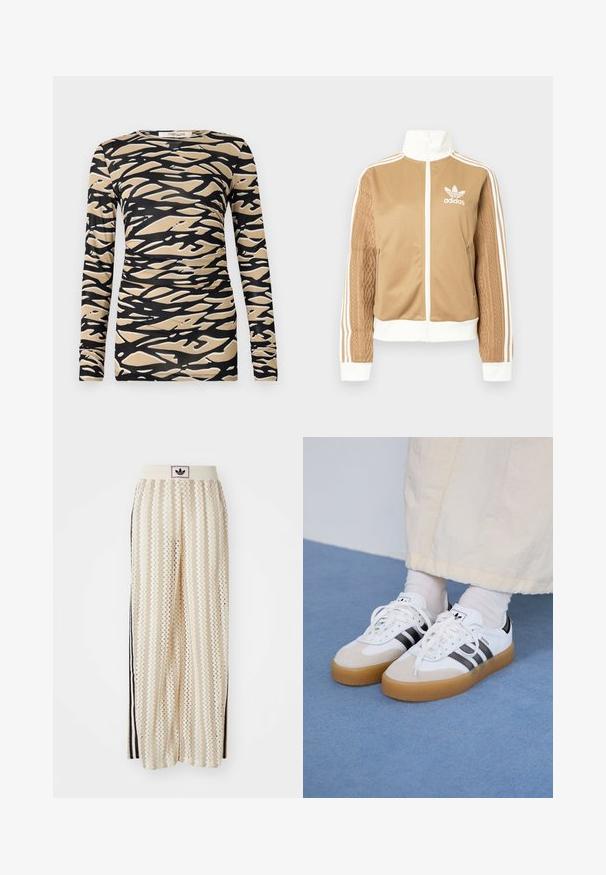 Ruda zip-up striukė su baltais akcentais ir trimis baltais dryžiais ant rankovių. Vienoje rankovėje yra tekstūruotas audinys. Adidas logotipas ant krūtinės.; Ilgais rankovėmis viršus, su juoda ir smėlio spalvos abstrakčia bangų raštu ant lygaus, elastingo audinio. Prigludęs dizainas su apvaliu iškirpimu ir siauromis rankovėmis.; Grietos spalvos plačios kelnės su zigzagų raštu, turinčios juodą logotipo juostą ir šonines juodas juosteles. Lengvas, tekstūruotas audinys.; Baltos sportbačiai su noir juostomis ir šviesiai rudos zomšos akcentais. Yra tekstūruota gumos padas ir plokščiomis baltomis raištelėmis, dėvimi su šviesiai spalvotomis kojinėmis.