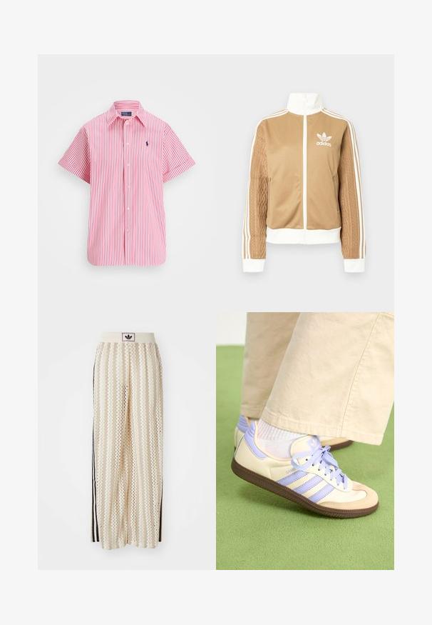 Tan zip-up jacket with white accents and three white stripes on sleeves. Features textured woven design on one sleeve. Adidas logo on chest.; Polo Ralph Lauren OVERSIZE FIT STRIPED COTTON SHIRT - Button-down blouse - white/pink; Cream-colored wide-leg pants with a zigzag pattern, featuring a black logo waistband and side black stripes. Lightweight, textured fabric.; Cream and lavender sneakers with three stripes and a textured brown sole, featuring laces and a padded heel. Soft fabric upper.