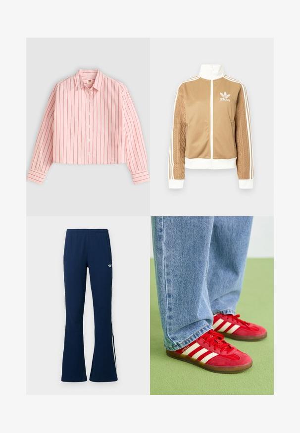 Casaco de fecho éclair em tom de bege com detalhes brancos e três riscas brancas nas mangas. Apresenta um design texturizado na trama de uma das mangas. Logotipo da Adidas no peito.; Camisa curta de algodão rosa claro com riscas verticais vermelhas. Apresenta um decote com colarinho e mangas longas com punhos abotoados.; Calças de fato de treino azul-marinho com canelado, boca alargada, riscas brancas laterais e logótipo bordado no lado esquerdo, com dois bolsos laterais.; Tênis de camurça vermelhos com três riscas brancas, biqueira redonda e sola texturizada, combinados com jeans de ganga azul claro em um fundo verde.