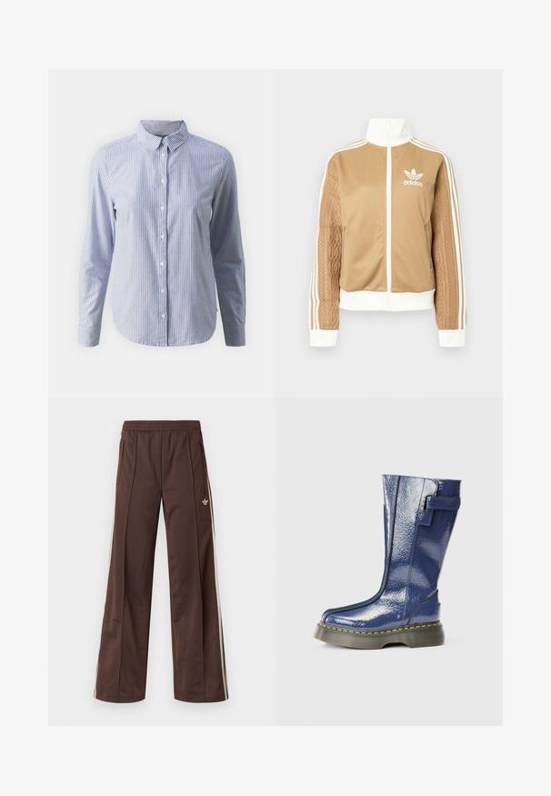 Kraevis sisekavaga jakki valgete aktsentidega ja kolme valge triibuga varrukatel. Ühel varrukal on tekstureeritud kootud muster. Adidas'i logo rinnal.; Sinise ja valgete vertikaalsete triipudega nööbiga särk; pikad varrukad, krae ja sile puuvillane tekstuur sirge servaga.; Pruunid sportpüksid laiade säärtega, valgete küljeribadega, elastse vöökohaga ja kahe küljetaskuga. Jalal on väike logo.; Sinine, läikiv kuni põlveni ulatuv saabas, millel on ümar varvas, külglaan ja vertikaalsed õmblused. Omab paksu musta platvormitalda, millel on kollased õmblused.