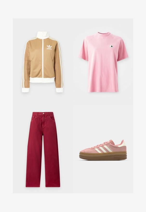Tamni zip-up jakna s bijelim naglascima i tri bijele pruge na rukavima. Ima teksturirani tkaninski uzorak na jednom rukavu. Adidas logo na prsima.; Ružičasta pamučna majica s kratkim rukavima i okruglim izrezom. Ima malu kvadratnu oznaku na lijevoj strani prsnog područja. Glatka tekstura.; Hlače širokih nogavica u dubokoj burgundijskoj boji, izrađene od čvrstog denima, s prednjim džepovima i kopčanjem na dugme u struku.; adidas Originals GAZELLE BOLD - Tenisice - mauve/off white