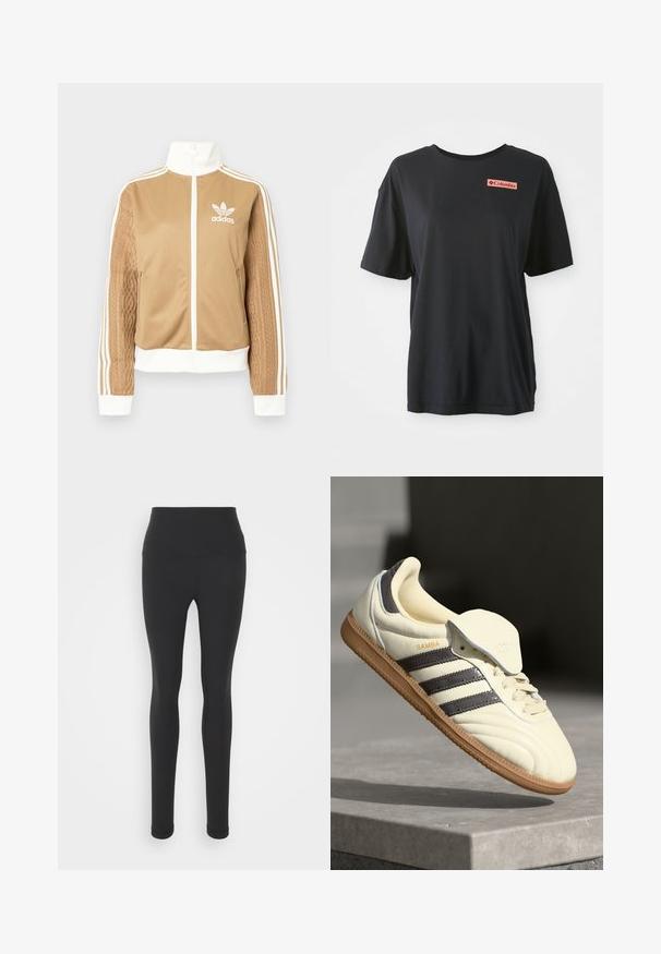 Chaqueta con cremallera en tono marrón y acentos en blanco, con tres rayas blancas en las mangas. Presenta un diseño texturizado tejido en una de las mangas. Logo de Adidas en el pecho.; Camiseta de algodón negra con mangas cortas, corte relajado y un logo rectangular rojo en el lado izquierdo del pecho. Textura suave y diseño sencillo.; Leggings negros de cintura alta fabricados con tejido elástico, que presentan una superficie lisa y un diseño de pierna larga con una silueta ajustada.; Zapatilla de cuero crema con tres rayas oscuras, suela de goma marrón y punta redondeada. Cuenta con una lengüeta plegable etiquetada como "SAMBA".
