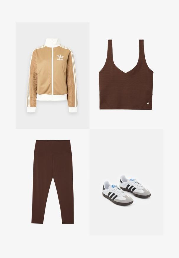 Zipper športna bunda v rjavi barvi z belimi dodatki in tremi belimi črtami na rokavih. Ima strukturiran tkaninski vzorec na enem rokavu. Adidasov logotip na prsih.; Rjava kratka majica s širokimi naramnicami, V-izrezom in majhnim belim logotipom na spodnji desni strani na belem ozadju.; Rjave, hipočutne legice srednje višine, narejene iz elastičnega blaga z gladko teksturo. Imajo minimalne šive in prilagojen dizajn.; Športni čevlji z belim usnjenim zgornjim delom, sivim semišem na prstih in tremi črnimi črtami. Imajo modro logo na jeziku in teksturiran gumijast podplat.