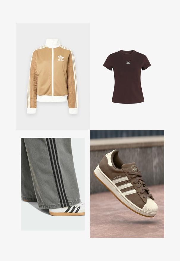 Chaqueta con cremallera en tono marrón y acentos en blanco, con tres rayas blancas en las mangas. Presenta un diseño texturizado tejido en una de las mangas. Logo de Adidas en el pecho.; Camiseta de algodón de manga corta en color marrón. Presenta un logo blanco de Adidas en el pecho. Cuello redondo sencillo y diseño ajustado.; Pantalones de mezclilla de pierna ancha en gris con rayas negras en los lados. Una zapatilla blanca con rayas negras y una suela de goma es parcialmente visible.; Zapatillas de ante marrón con rayas blancas, detalles en color crema y punta de goma. Cuenta con un diseño de cordones y suela de goma texturizada.