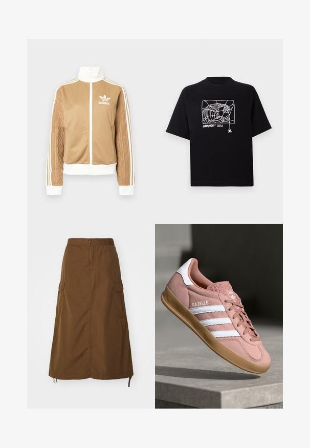 Giacca a zip tan con accenti bianchi e tre strisce bianche sulle maniche. Presenta un design tessuto testo su una manica. Logo Adidas sul petto.; Maglietta nera in cotone con maniche corte. Presenta una grafica e un logo a ragnatela bianca sul davanti. Scollo rotondo semplice.; Gonna marrone fino alla caviglia realizzata in tessuto resistente. Caratterizzata da una vita elastica, chiusura con bottone e tasche cargo laterali. Texture liscia.; Sneaker in suede rosa con strisce bianche, suola in gomma, parte superiore testurizzata e logo sulla linguetta. Design classico a bassa cima.