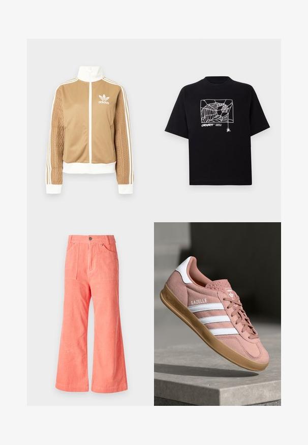 Tan zip-up jacka med vita accenter och tre vita ränder på ärmarna. Har en texturerad vävd design på en ärm. Adidas-logotyp på bröstet.; Svart t-shirt i bomull med korta ärmar. Har en vit spindelnätgrafik och logotyp på framsidan. Enkel rundad halsringning.; Rosa kordflöjlsbyxor med vida ben och en strukturerad yta, som har två framfickor och en metallknapplistning i midjan.; Rosa mockasinsneaker med vita ränder, gummisulor, texturerad ovandel och logotyp på tungan. Klassisk låg modell.