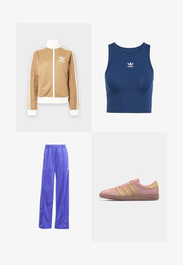 Jachetă zip-up de culoare bej cu accente albe și trei dungi albe pe mâneci. Prezintă un design țesut texturat pe o mânecă. Logo-ul Adidas pe piept.; Top scurt cu dungi albastre, realizat dintr-un material elastic, având guler rotund și un mic logo alb Adidas pe piept.; adidas Originals FIREBIRD LOOSE TRACK - Pantaloni de trening - energy ink; Tenisi roz din suède cu trei dungi galbene, vârf rotunjit și talpă din cauciuc texturat. Design de profil redus cu un guler căptușit.