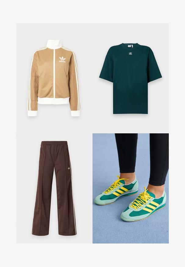 Tan zip-up takki, jossa on valkoisia yksityiskohtia ja kolme valkoista raitaa hihoissa. Yhdellä hihalla on texturoitu kudontasuunnittelu. Adidas-logo rinnassa.; Tummanvihreä, ylikokoinen puuvillainen t-paita, jossa on lyhyet hihat ja pyöreä pääntie. Rinnassa on valkoinen Adidas-logo.; Ruskeat urheiluhousut leveillä lahkeilla, valkoisilla sivuraitoja, joustavalla vyötäröllä ja kahdella sivutaskulla. Lahkeessa pieni logo.; Vihreät ja teal-väriset urheilukengät, joissa on keltaiset nauhat ja kolme keltaista raitaa. Nahan ja verkon materiaalit, kumipohjat ja matala profiili.