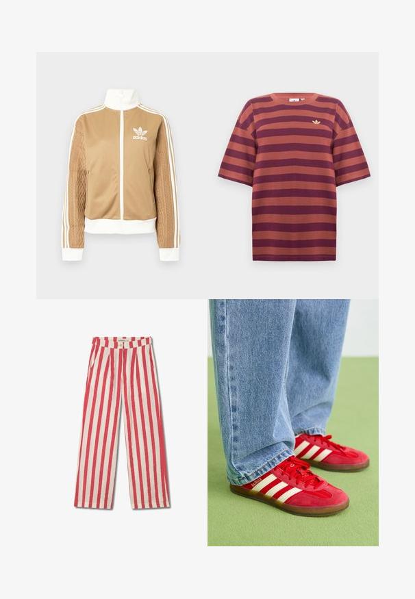 Veste zippée tan avec des accents blancs et trois rayures blanches sur les manches. Présente un design tissé texturé sur une manche. Logo Adidas sur la poitrine.; T-shirt rayé bordeaux et rouille, à manches courtes, col rond, avec un petit logo doré sur la zone gauche de la poitrine, fabriqué en tissu de coton.; Pantalons à larges tailles rayés rouges et blancs, avec une fermeture à bouton, des plis et des poches latérales. Fabriqués en un tissu léger.; Baskets en daim rouge avec trois rayures blanches, bout rond et semelle texturée, associées à un jean en denim bleu clair sur un fond vert.