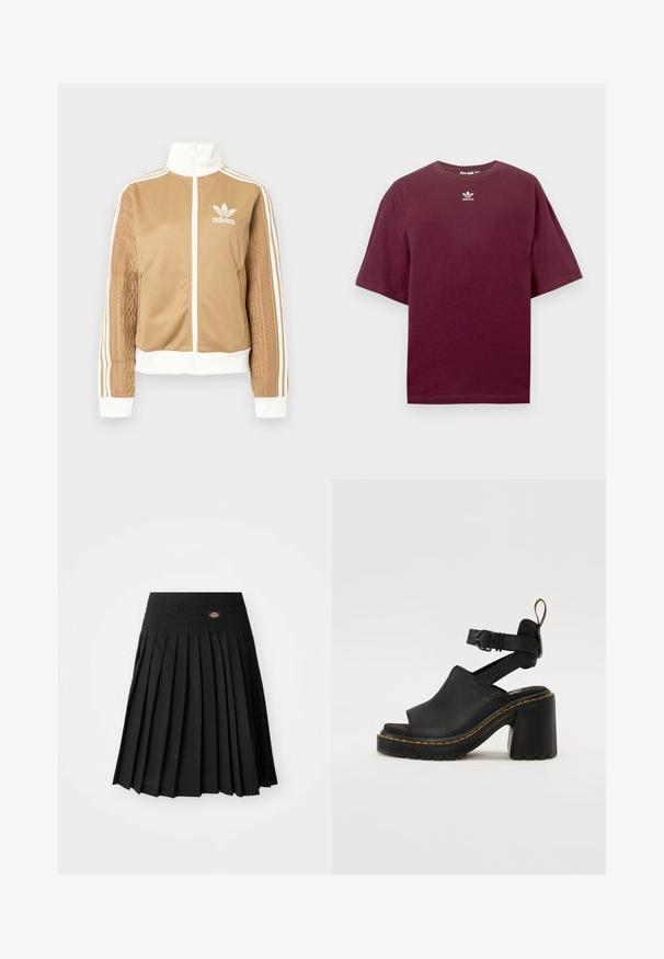 Barna, cipzáras dzseki fehér díszítésekkel és három fehér csíkkal a hajtókákon. Az egyik hajtókán texturált szövet mintázat található. Az Adidas logo a mellkason.; Bordó pamut póló kerek nyakkivágással és rövid ujjakkal, középen fehér Adidas logóval a mellkason. Simább textúra.; Fekete, redőzött szoknya lapos derékkal és kis logó részlettel. Simább textúrájú anyagból készült, több függőleges redővel.; Fekete, nyitott orrú, magas sarkú szandál, állítható bokapánttal, sima bőrből készült felső résszel és texturált gumi talppal, sárga varrással kiemelve.