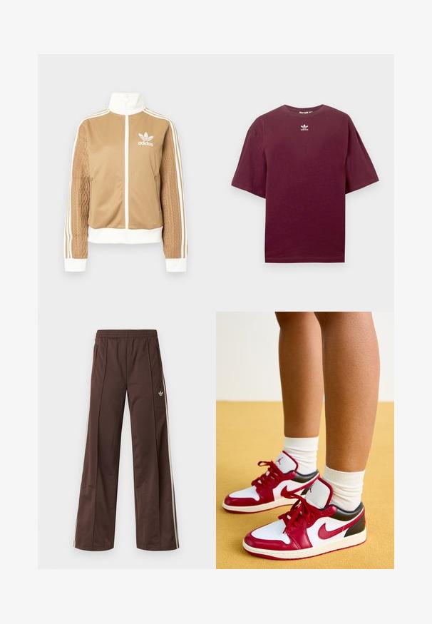 Barna, cipzáras dzseki fehér díszítésekkel és három fehér csíkkal a hajtókákon. Az egyik hajtókán texturált szövet mintázat található. Az Adidas logo a mellkason.; Bordó pamut póló kerek nyakkivágással és rövid ujjakkal, középen fehér Adidas logóval a mellkason. Simább textúra.; Barna sportnadrág széles szárú kialakítással, fehér oldalsávokkal, rugalmas derékpánttal és két oldalzsebbel. Kis logó található a lábon.; Jordan AIR JORDAN 1 LOW - Sportcipő - white/gym red/black/sail