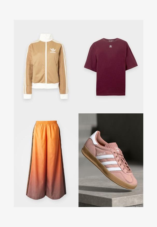 Hnědá zipová bunda s bílými akcenty a třemi bílými pruhy na rukávech. Obsahuje texturovaný tkaný design na jednom rukávu. Logo Adidas na hrudi.; Bordó bavlněné tričko s kulatým výstřihem a krátkými rukávy, s bílým logem Adidas uprostřed na hrudi. Hladká textura.; Pánské kalhoty s širokými nohavicemi v oranžovém gradientu s černým bočním pruhem, mají elastický pas a jsou vyrobeny z lehkého materiálu.; Růžové semišové tenisky s bílými pruhy, gumovou podrážkou, texturovaným svrškem a logem na jazyku. Klasický nízký design.