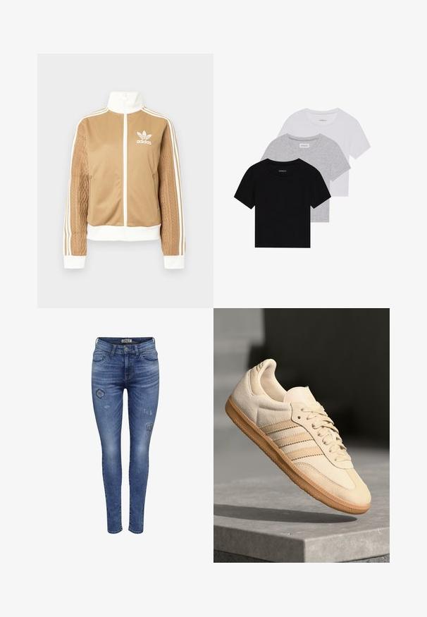 Zipper športna bunda v rjavi barvi z belimi dodatki in tremi belimi črtami na rokavih. Ima strukturiran tkaninski vzorec na enem rokavu. Adidasov logotip na prsih.; Komplet treh majic s kratkimi rokavi v črni, sivi in beli barvi. Izdelane iz bombaža, z okroglim izrezom in preprostim, enobarvnim dizajnom.; Ozke kavbojke iz modrega denima z blagimi madeži in odrgninami, ki vključujejo standardno zasnovo s petimi žepi in gumbnim zapiranjem.; Svetlo bež semišni športni copat z gumijastim podplatom, trije poševni trakovi in teksturiran zaščitni del. Vsebuje logotip na ježku in strani.