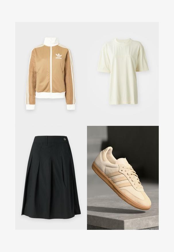 Tan-zip-Jacke mit weißen Akzenten und drei weißen Streifen an den Ärmeln. Besitzt ein strukturiertes Gewebedesign an einem Ärmel. Adidas-Logo auf der Brust.; Cremefarbendes Baumwoll-T-Shirt mit Rundhalsausschnitt, kurzen Ärmeln und eingeprägtem "adidas"-Logo auf der Brust. Glatte Textur und lockere Passform.; Schwarzer plissierter Rock aus leichtem Stoff, mit Knopfverschluss, glatter Textur und A-Linie.; Helle beigetöne Wildledersneaker mit Gumminsohle, drei schrägen Streifen und einer strukturierten Zehenkappe. Mit Logo auf der Zunge und der Seite.