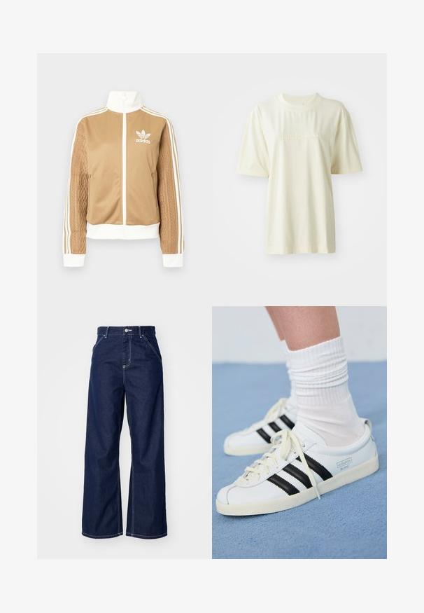 Casaco de fecho éclair em tom de bege com detalhes brancos e três riscas brancas nas mangas. Apresenta um design texturizado na trama de uma das mangas. Logotipo da Adidas no peito.; Camiseta de algodão cor de creme com decote redondo, mangas curtas e logótipo "adidas" em relevo no peito. Textura suave e corte descontraído.; Jeans de perna larga em denim azul escuro, com cintura alta, costura branca em contraste e design tradicional de cinco bolsos.; Tenis brancos de couro com riscas pretas, sola em creme e atacadores claros. Usados com meias brancas com nervuras, posicionados sobre um fundo azul.