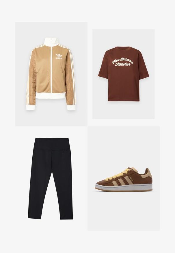 Ruda zip-up striukė su baltais akcentais ir trimis baltais dryžiais ant rankovių. Vienoje rankovėje yra tekstūruotas audinys. Adidas logotipas ant krūtinės.; Ruda medvilninė marškinėliai su atsipalaidavusiu siluetu, su baltu tekstu, užrašu "New Balance Athletics" įgaunančiu kreivą, storą šriftą.; Juodos leggingai, pagaminti iš elastingos medžiagos, su aukštu liemeniu ir lygiais siūlais. Kulkšninių ilgių, su lygiu, matinio paviršiaus tekstūra.; adidas Originals CAMPUS 00S DOUBLE W - Sportbačiai - preloved brown/sand strata/orange tint