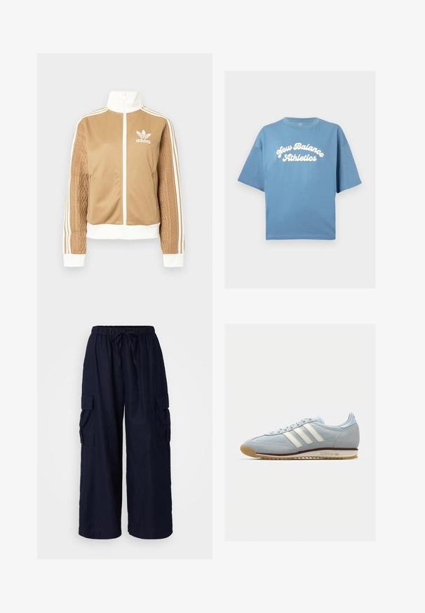 Tan zip-up jack met witte accenten en drie witte strepen op de mouwen. Heeft een gestructureerd geweven ontwerp op één mouw. Adidas-logo op de borst.; Blauwe katoenen t-shirt met een losse pasvorm, met korte mouwen en een ronde hals. Witte "New Balance Athletics" logo centraal gedrukt.; Navyblauwe cargo broek met een relaxed fit, elastische tailleband met een trekkoord en twee zijzakken. Gemaakt van lichtgewicht stof.; Lichtblauwe suède sneakers met witte drie streepen, rubberen zool en textuur-mesh. Voorzien van een gladde neuskap en branding op de hak.