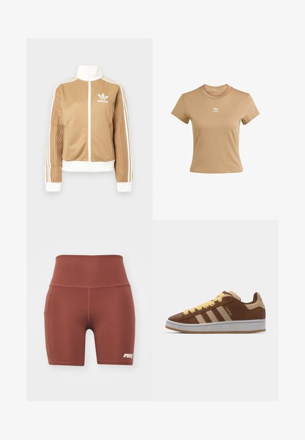 Giacca a zip tan con accenti bianchi e tre strisce bianche sulle maniche. Presenta un design tessuto testo su una manica. Logo Adidas sul petto.; T-shirt in cotone color sabbia con vestibilità slim, scollatura rotonda e maniche corte. Presenta un logo Adidas bianco stampato sulla parte superiore del petto.; Pantaloni sportivi attillati marroni con un alto girovita, realizzati in tessuto morbido. Presentano una tasca laterale e un piccolo logo nell'angolo in basso a destra.; adidas Originals CAMPUS 00S DOUBLE - Scarpe skate - preloved brown/sand strata/orange tint