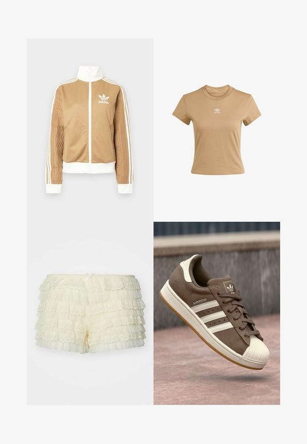 Hnědá zipová bunda s bílými akcenty a třemi bílými pruhy na rukávech. Obsahuje texturovaný tkaný design na jednom rukávu. Logo Adidas na hrudi.; Béžové bavlněné tričko s úzkým střihem, kulatým výstřihem a krátkými rukávy. Na horní části hrudi je potištěné bílé logo Adidas.; Jaded London VANILLA RHEA BLOOMER - Šortky - cream; Hnědé semišové tenisky s bílými pruhy, krémovými akcenty a gumovou špičkou. Obsahují šněrovací design a strukturovanou gumovou podrážku.