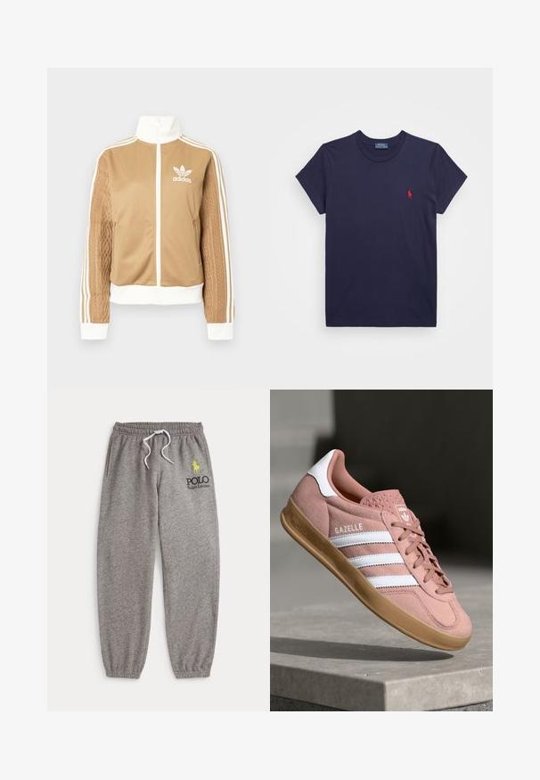 Barna, cipzáras dzseki fehér díszítésekkel és három fehér csíkkal a hajtókákon. Az egyik hajtókán texturált szövet mintázat található. Az Adidas logo a mellkason.; Sötétkék pamut póló rövid ujjakkal és kerek nyakkivágással. Bal mellen egy kis piros hímzett logó található.; A szürke melegítőnadrág rugalmas derékpánttal és húzózsinórral, oldalzsebekkel, valamint fekete és sárga hímzett márkajelzéssel rendelkezik a combon.; Rózsaszín velúr sportcipő fehér csíkokkal, gumitalppal, textúrált felsőrésszel és logóval a nyelvén. Klasszikus alacsony fazon.