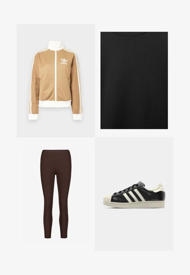 Giacca a zip tan con accenti bianchi e tre strisce bianche sulle maniche. Presenta un design tessuto testo su una manica. Logo Adidas sul petto.; Tessuto di cotone nero con una texture liscia e scollatura rotonda, caratterizzato da un motivo a grana sottile e uniforme. Nessun logo o accento visibile.; leggings marroni elasticizzati con una texture liscia, dotati di una vita alta e di un design a gamba affusolata, adatti per l'abbigliamento attivo o casual.; Sneaker in pelle nera con strisce bianche, punta in gomma, lacci neri e suola di colore crema. Texture liscia con finitura brillante.