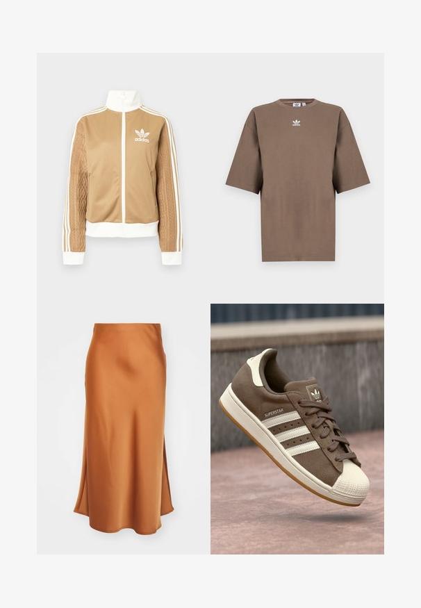 Tamni zip-up jakna s bijelim naglascima i tri bijele pruge na rukavima. Ima teksturirani tkaninski uzorak na jednom rukavu. Adidas logo na prsima.; Smeđa pamuk majica s kratkim rukavima, okruglim izrezom i bijelim Adidas logotipom centriranim na prsima, s jednostavnim dizajnom i opuštenim krojem.; Satin midi suknja u boji izgorene naranče s glatkom teksturom, koja ima bočni prorez i blago rašireni rub za lepršavu siluetu.; Smeđi suedetenisice s bijelim prugama, kremastim naglascima i gumenkatom nosu. Imaju vezano dizajn i teksturiranu gumu.