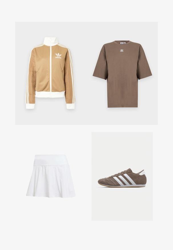 Zipper športna bunda v rjavi barvi z belimi dodatki in tremi belimi črtami na rokavih. Ima strukturiran tkaninski vzorec na enem rokavu. Adidasov logotip na prsih.; Brahna bomba majica s kratkimi rokavi, okroglo ovratnikom in belim Adidasovim logotipom v sredini prsnega dela, z enostavnim dizajnom in sproščenim krojem.; Bela športna krila z prilegajočim pasom in razširjenim dnom. Narejena iz lahkega, zračnega materiala z gladko teksturo.; Rjav semafor športni copat z belimi črtami, okroglo nos, vezalni dizajn in gumijastim podplatom. Tekstura zgornjega dela s šivi.