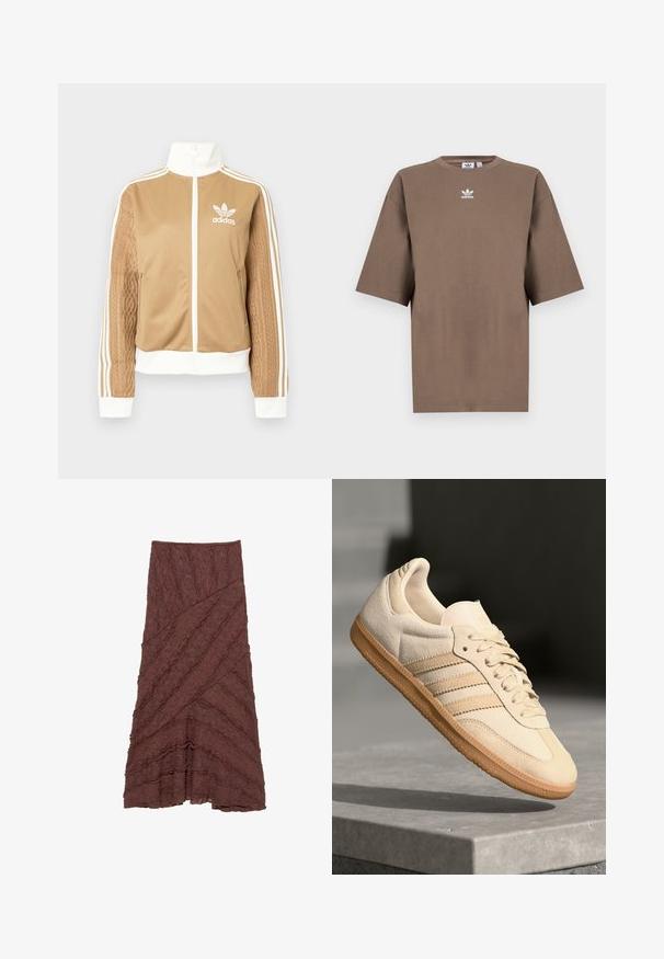 Tan zip-up jack met witte accenten en drie witte strepen op de mouwen. Heeft een gestructureerd geweven ontwerp op één mouw. Adidas-logo op de borst.; Bruine katoenen t-shirt met korte mouwen, ronde hals en wit Adidas-logo gecentreerd op de borst, met een eenvoudige uitstraling en een relaxte pasvorm.; Bruine gestructureerde rok met een gelaagde, golvende uitstraling en diagonale patronen, voorzien van gerimpelde accenten langs de randen en een uitlopende silhouet.; Lichtbeige suède sneaker met een gumrubberen buitenzool, drie diagonale strepen en een textuur op de neus. Voorzien van een logo op de tong en de zijkant.