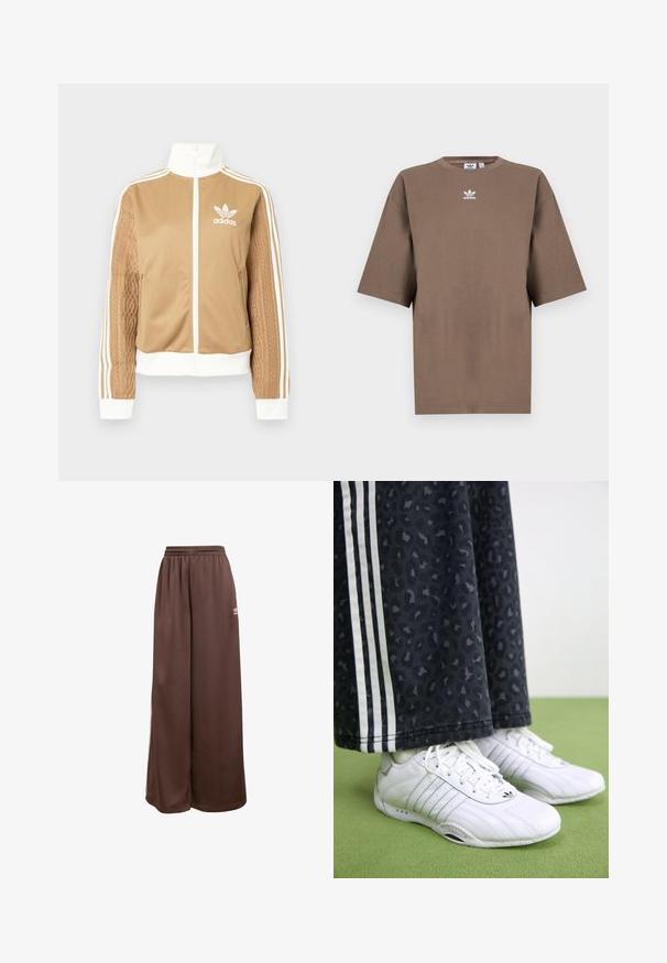 Barna, cipzáras dzseki fehér díszítésekkel és három fehér csíkkal a hajtókákon. Az egyik hajtókán texturált szövet mintázat található. Az Adidas logo a mellkason.; Barna pamut póló rövid ujjakkal, kerek nyakkal és fehér Adidas logóval a mellkason, egyszerű dizájnnal és laza szabással.; adidas Originals Tréningruha alsók - auburn cream white; Fehér sportcipők, textúrával ellátott bőrből készült felsőrésszel és három oldalsó csíkkal, sötétszürke leopardmintás nadrággal, fehér díszítésekkel párosítva.