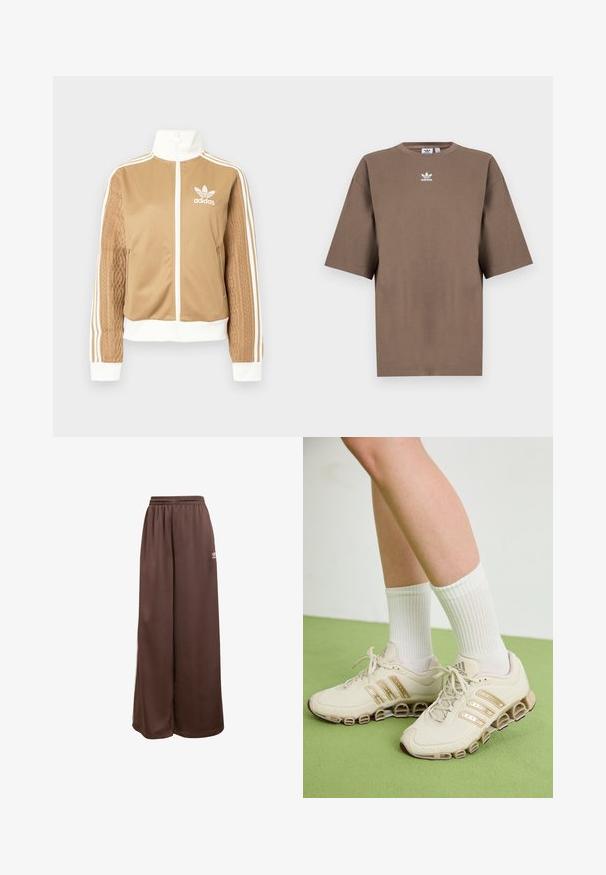 Brun zip-up jakke med hvite detaljer og tre hvite striper på ermene. Har et teksturert vevd design på den ene ermen. Adidas-logo på brystet.; Brun bomulls t-skjorte med korte ermer, rund hals og hvit Adidas-logo sentrert på brystet, med ensartet design og avslappet passform.; adidas Originals Joggebukse - auburn cream white; Beige joggesko med gullbeslag, nettingoverdel og unik såledesign. Kombinert med hvite ribbede sokker, plassert på et grønt gulv.